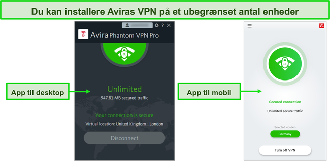 Skærmbillede af Avira Phantom VPN desktop- og mobilapps.
