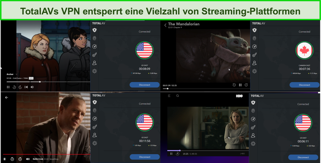 Screenshot von Total AV VPN, das Hulu, Disney +, Netflix und HBO Max entsperrt.