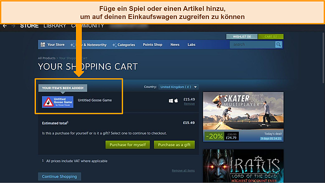 Screenshot des Steam-Dashboards mit Hervorhebung eines Spiels, das kürzlich in den Warenkorb gelegt wurde.