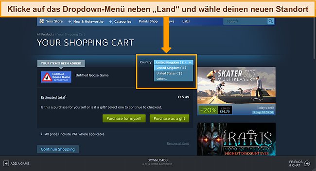Screenshot der Steam-Einkaufskarte mit hervorgehobenem Länder-Dropdown-Menü.