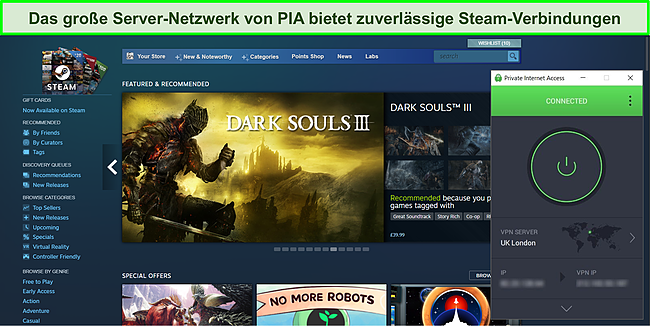 Screenshot von PIA, die mit einem britischen Server verbunden sind und das Steam-Dashboard klar zugänglich ist.