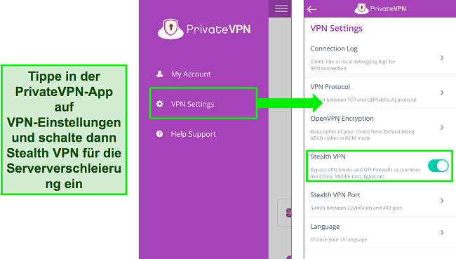 Screenshots der PrivateVPN iOS-App, die zeigen, wie die Stealth-VPN-Funktion aktiviert wird.