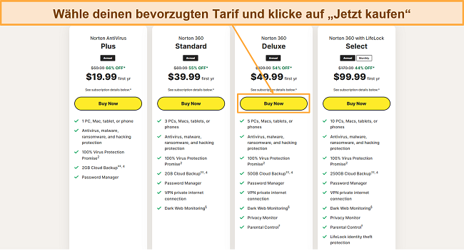 Screenshot, der zeigt, wie man einen von Nortons Plänen auswählt