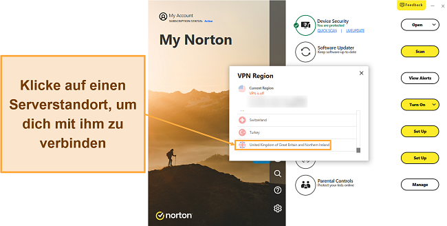 Screenshot, der zeigt, wie man eine Verbindung zu einem der VPN-Server von Norton herstellt