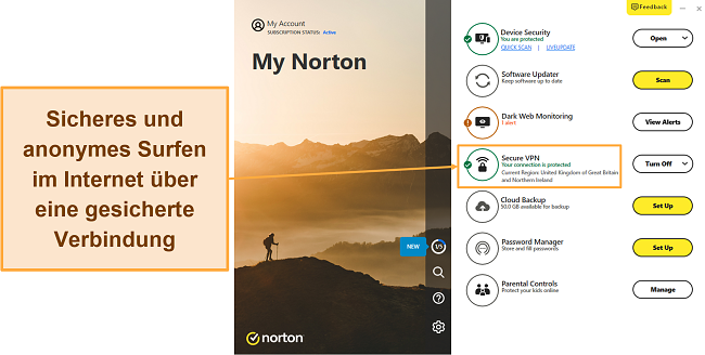 Screenshot, der die erfolgreiche Verbindung von Nortons VPN zeigt
