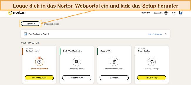 Screenshot, der zeigt, wie das Norton-Setup heruntergeladen wird