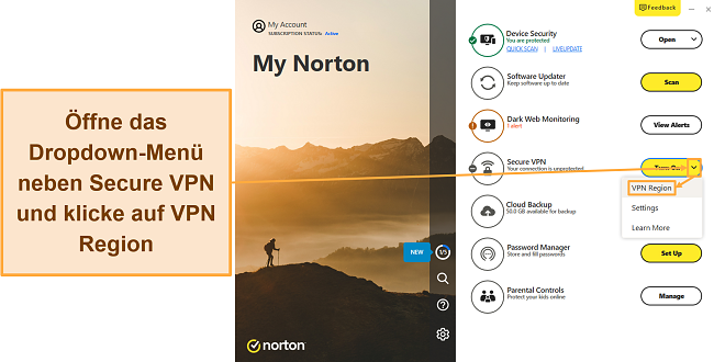 Screenshot, der zeigt, wie man auf die VPN-Serverliste von Norton zugreift