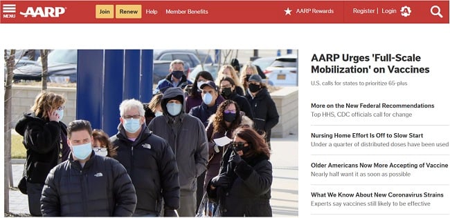 Screenshot of AARP's main page