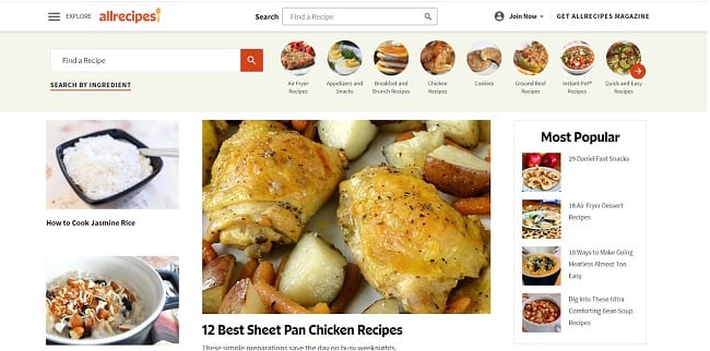 Screenshot of AllRecipes website