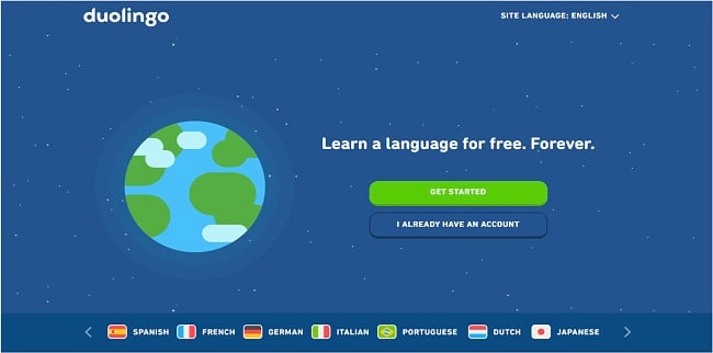 Captura de tela da página inicial do Duolingo