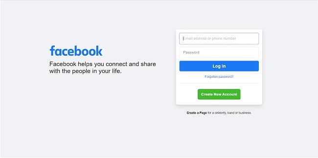 Captura de tela da página de login do Facebook