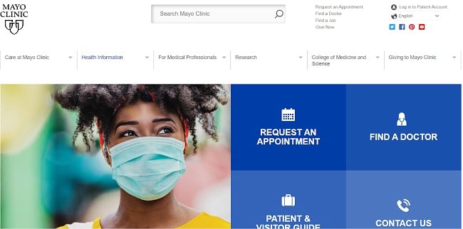 Captura de tela do site da Mayo Clinic