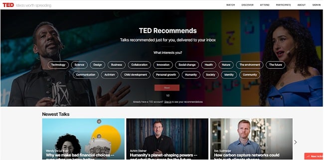 Screenshot of TED main page