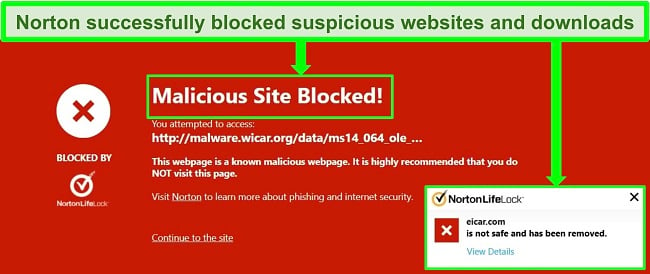 Screenshot of Norton 360 blocking malicious items.