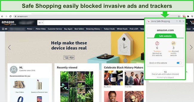 Screenshot of Avira's Safe Shopping browser extension blocking trackers and ads on Amazon.