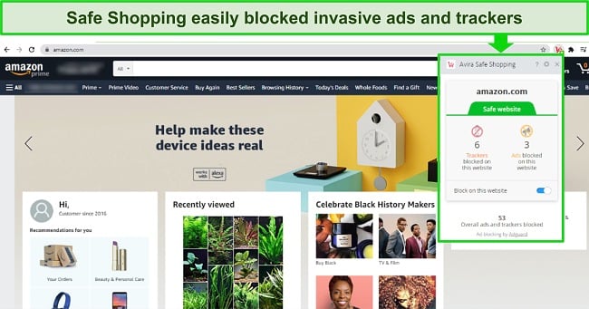 Screenshot of Avira's Safe Browsing extension for Windows, demonstrating its ability to block ads on Amazon.