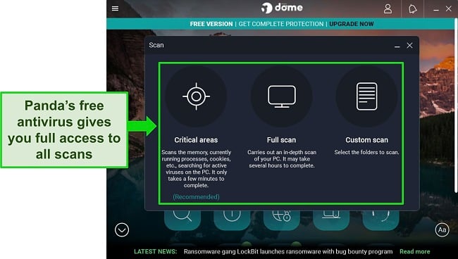 You can choose from any of Panda’s scans with its free antivirus