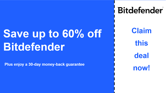 Bitdefender antivirus coupon for up to 60% off with 30-day money-back guarantee