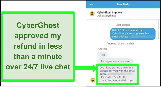 Captura de pantalla de un usuario solicitando con éxito un reembolso de Cyberghost por chat en vivo con la garantía de devolución de dinero de 30 días