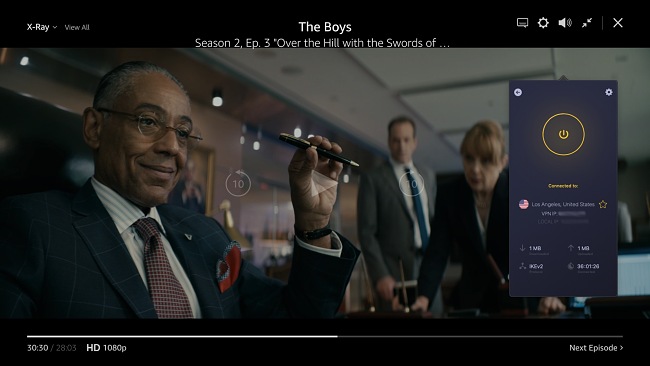 Screenshot of CyberGhost VPN connecting to a US server and unblocking the show The Boys on Amazon Prime Video