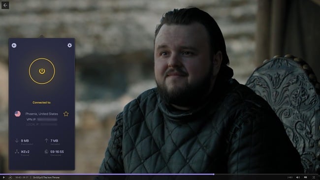 Screenshot of CyberGhost connecting to a US server and unblocking the show Game of Thrones on HBO Max