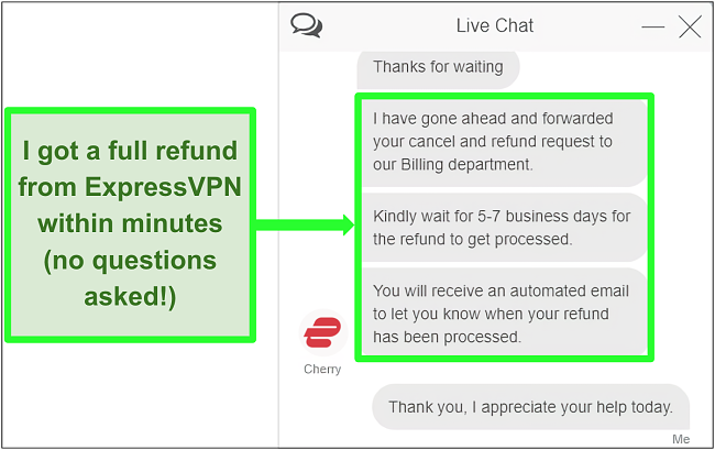 Screenshot of a user successfully requesting a refund from ExpressVPN over live chat with the 30-day money-back guarantee