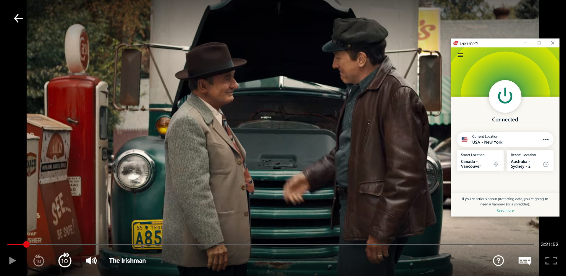 Captura de tela do streaming de The Irishman na Netflix com o servidor ExpressVPN dos EUA