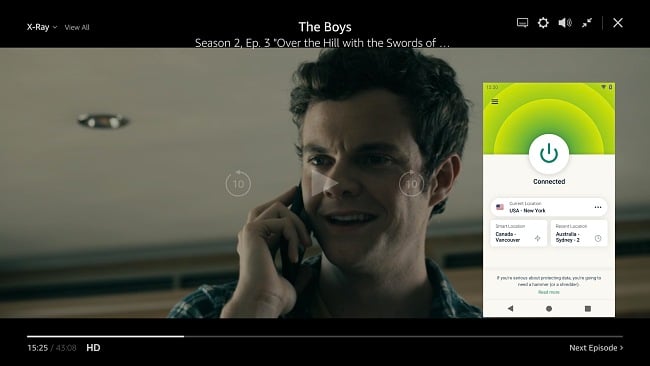 Screenshot of 'The Boys' playing on Amazon Prime Video on ExpressVPN's US server in New York