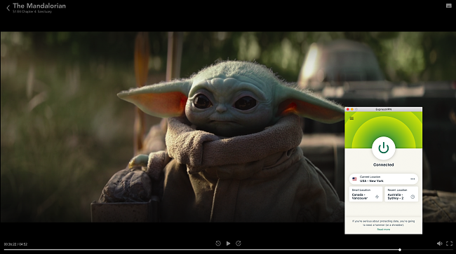 Screenshot of streaming The Mandalorian on Disney+ using ExpressVPN's server in the US