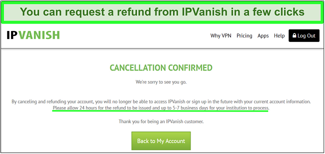 Screenshot of cancellation confirmation notification from IPVanish