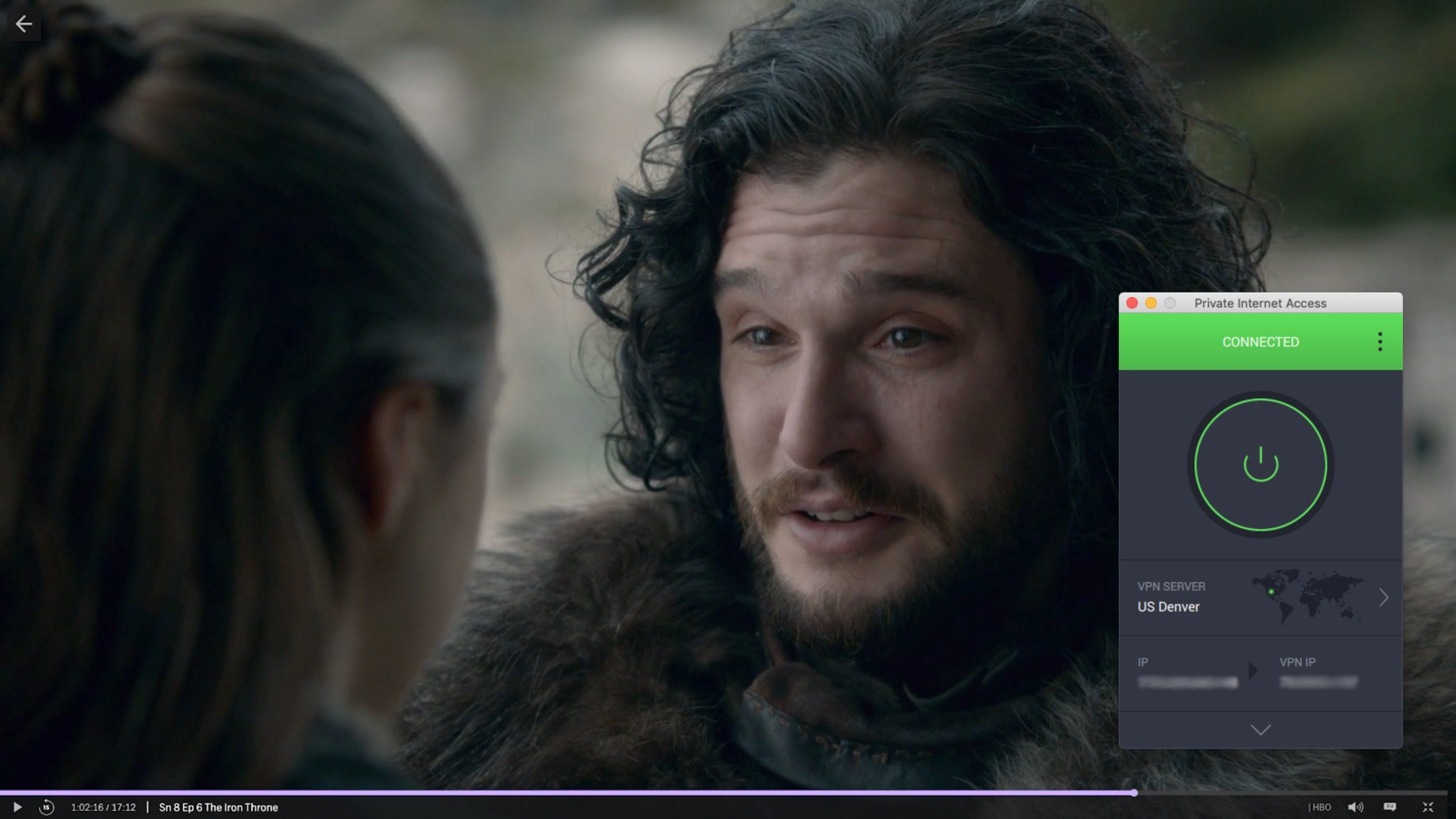 Captura de tela do streaming de Game of Thrones usando o servidor da PIA nos EUA