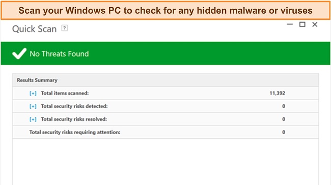 Screenshot of Norton's Windows app with the results of a Quick Scan showing no malware detected.