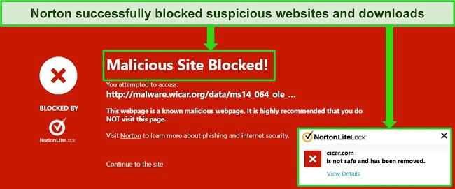 Screenshot of Norton blocking test website malware. wicar. org to show it has effective malware detection.