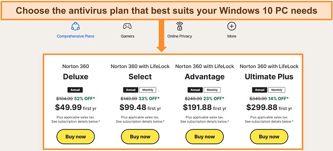 Screenshot of Norton's pricing page to compare different subscription options.