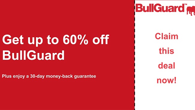 BullGuard antivirus coupon with 60% off and 30-day money-back guarantee