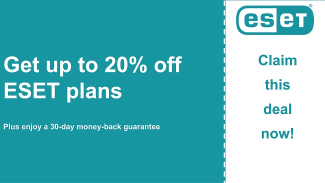 ESET antivirus coupon with 20% discount and 30-day money-back guarantee