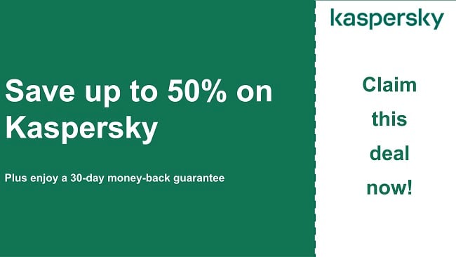 Kaspersky antivirus coupon with 50% discount and 30-day money-back guarantee