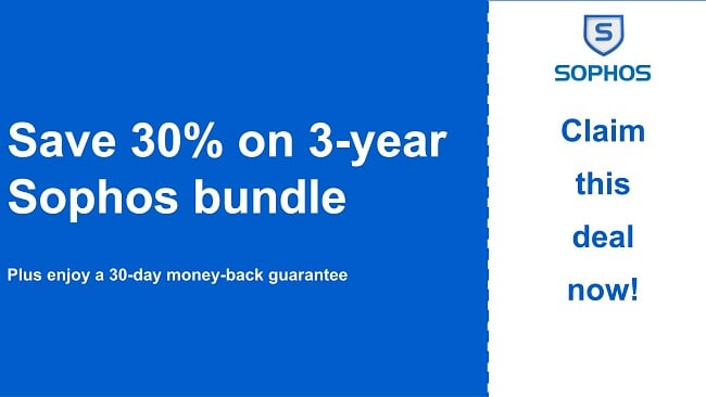 Sophos antivirus coupon with 30% discount and 30-day money-back guarantee