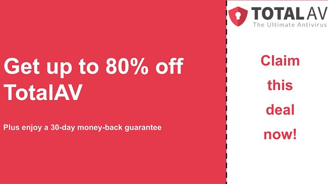TotalAV antivirus coupon with up to 80% off and 30-day money-back guarantee