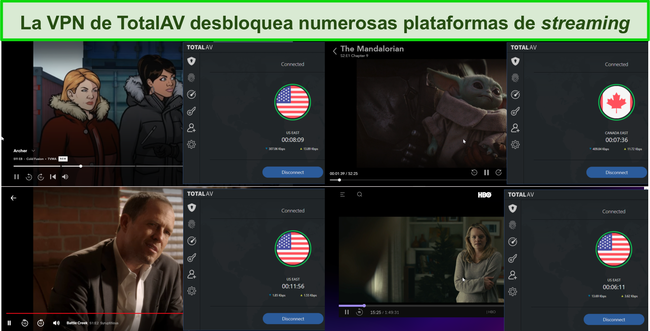 Captura de pantalla de Total AV VPN que desbloquea Hulu, Disney +, Netflix y HBO Max.