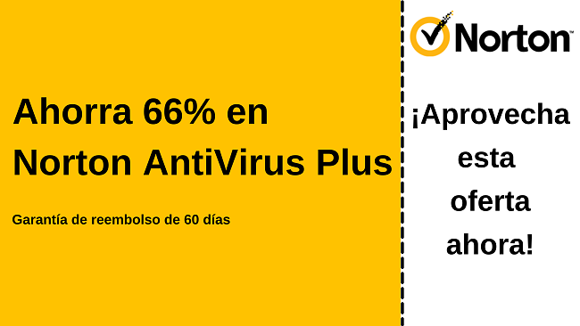 Cupón de Norton antivirus Plus con un 66% de descuento con una garantía de devolución de dinero de 60 días