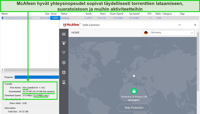 Näyttökuva McAfee VPN: stä, joka on yhdistetty saksalaiseen palvelimeen lataamalla 35 Gt: n torrent-tiedostoa.