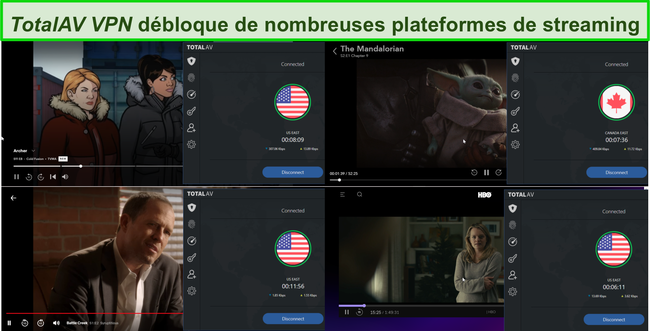 Capture d'écran de Total AV VPN débloquant Hulu, Disney +, Netflix et HBO Max.