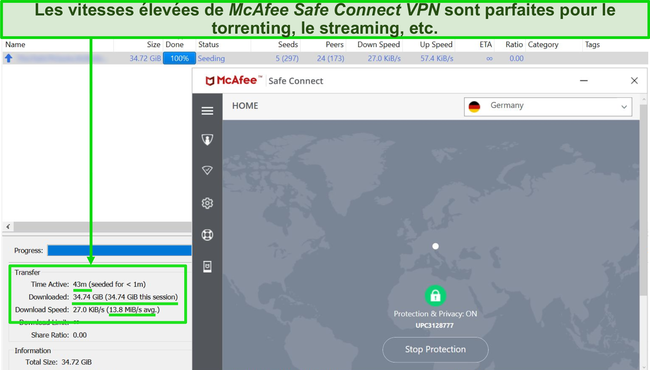 Capture d'écran du VPN McAfee connecté à un serveur allemand lors du téléchargement d'un fichier torrent de 35 Go.