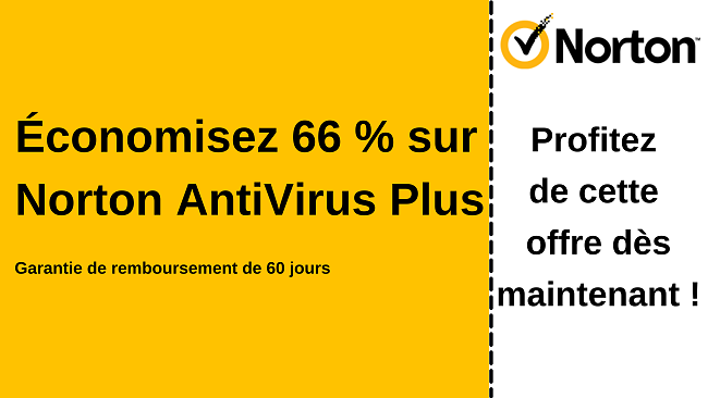 Coupon antivirus Norton AntiVirus Plus pour 66% de réduction avec une garantie de remboursement de 60 jours