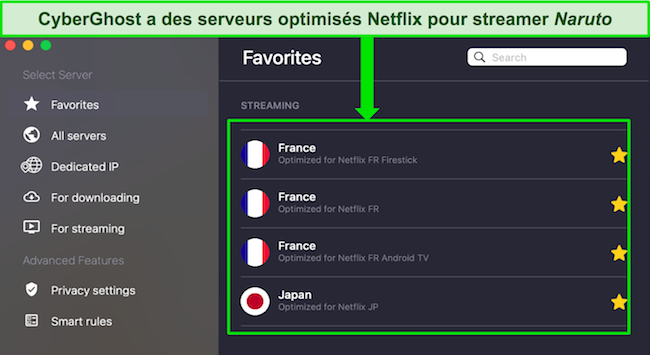 Capture d'écran de l'onglet Favoris de CyberGhost montrant les serveurs Netflix optimisés pour la France et le Japon
