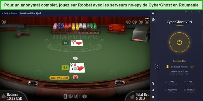 Capture d'écran du déblocage du Blackjack sur Roobet avec les serveurs No-Spy de CyberGhost en Roumanie