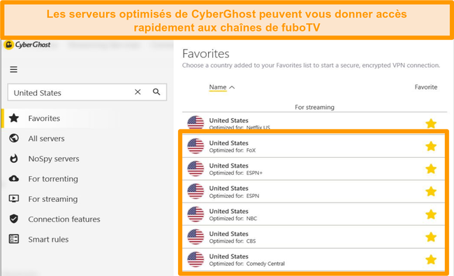 Capture d'écran des serveurs spécialisés CyberGhost pour la diffusion en continu des chaînes fuboTV