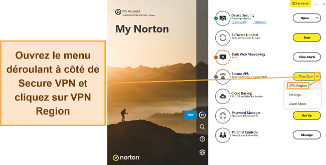 Capture d'écran montrant comment accéder à la liste des serveurs VPN de Norton
