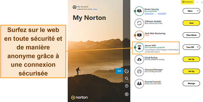 Capture d'écran montrant le VPN de Norton connecté avec succès